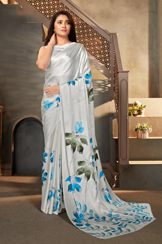 White color Satin digital print Saree Clothsvilla