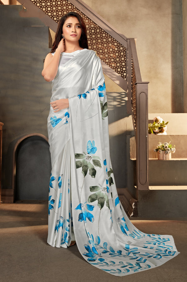 White color Satin digital print Saree Clothsvilla