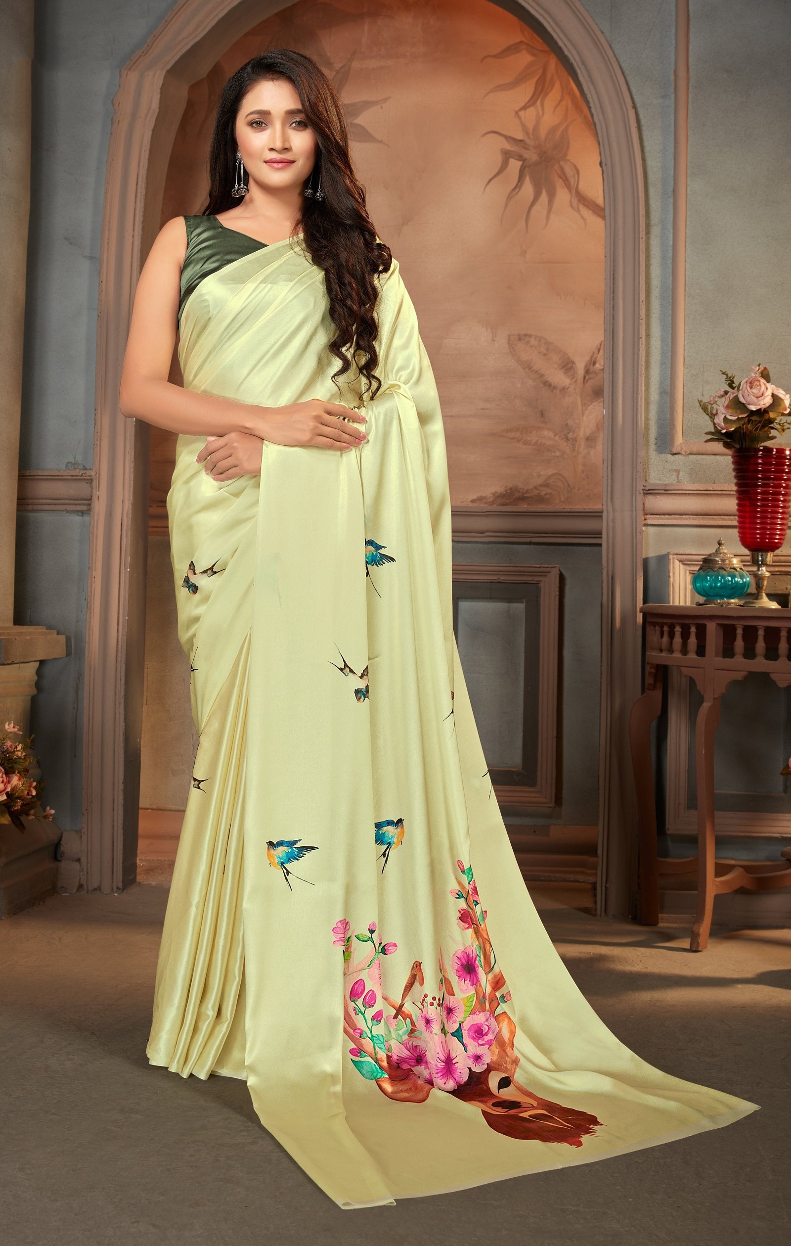 Pastel Green color Satin digital print Saree Clothsvilla