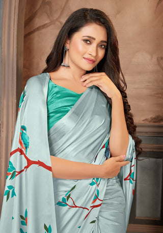 Light Grey color Satin digital print Saree Clothsvilla