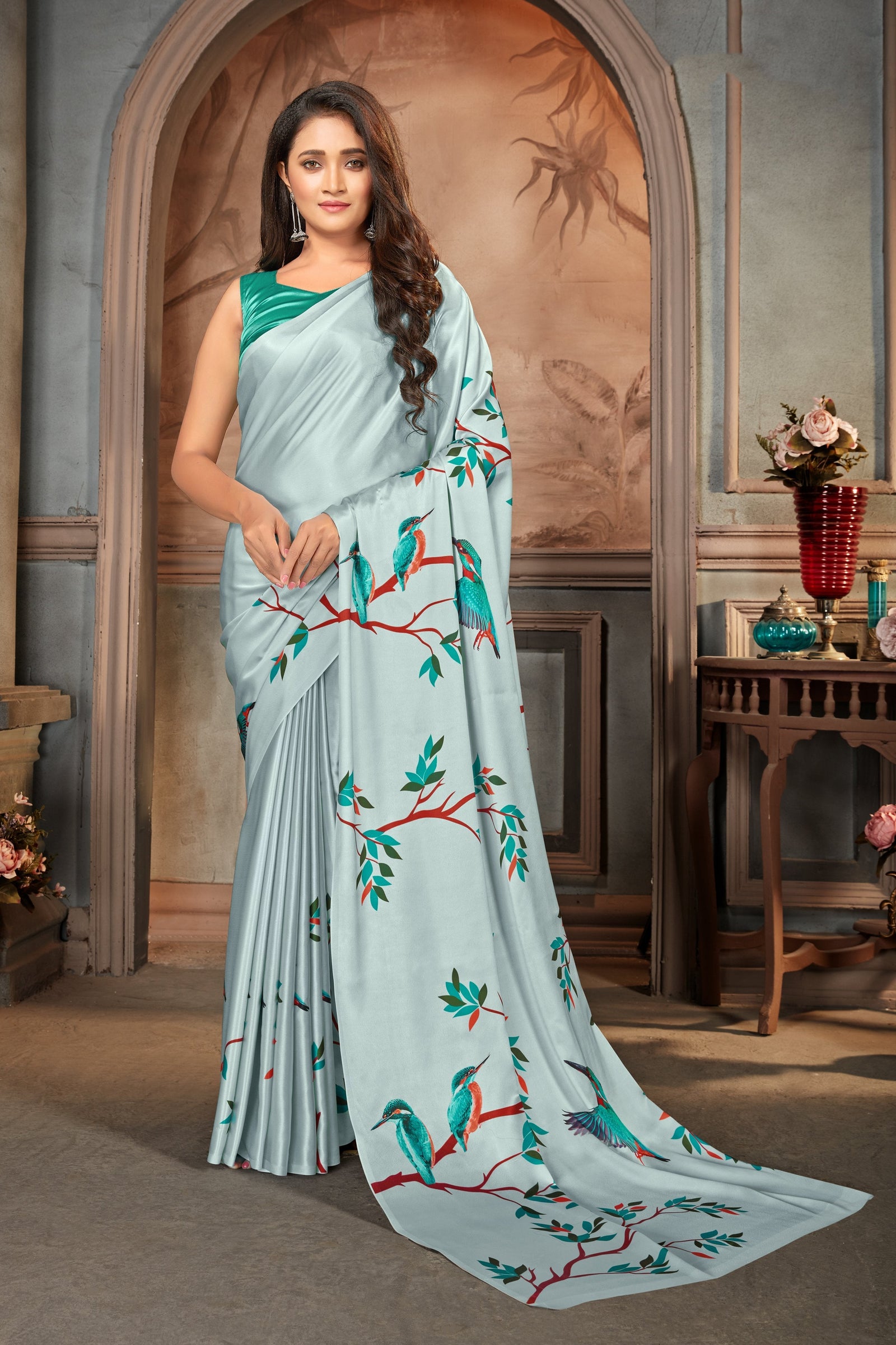 Light Grey color Satin digital print Saree Clothsvilla