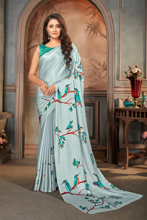 Light Grey color Satin digital print Saree Clothsvilla Main image