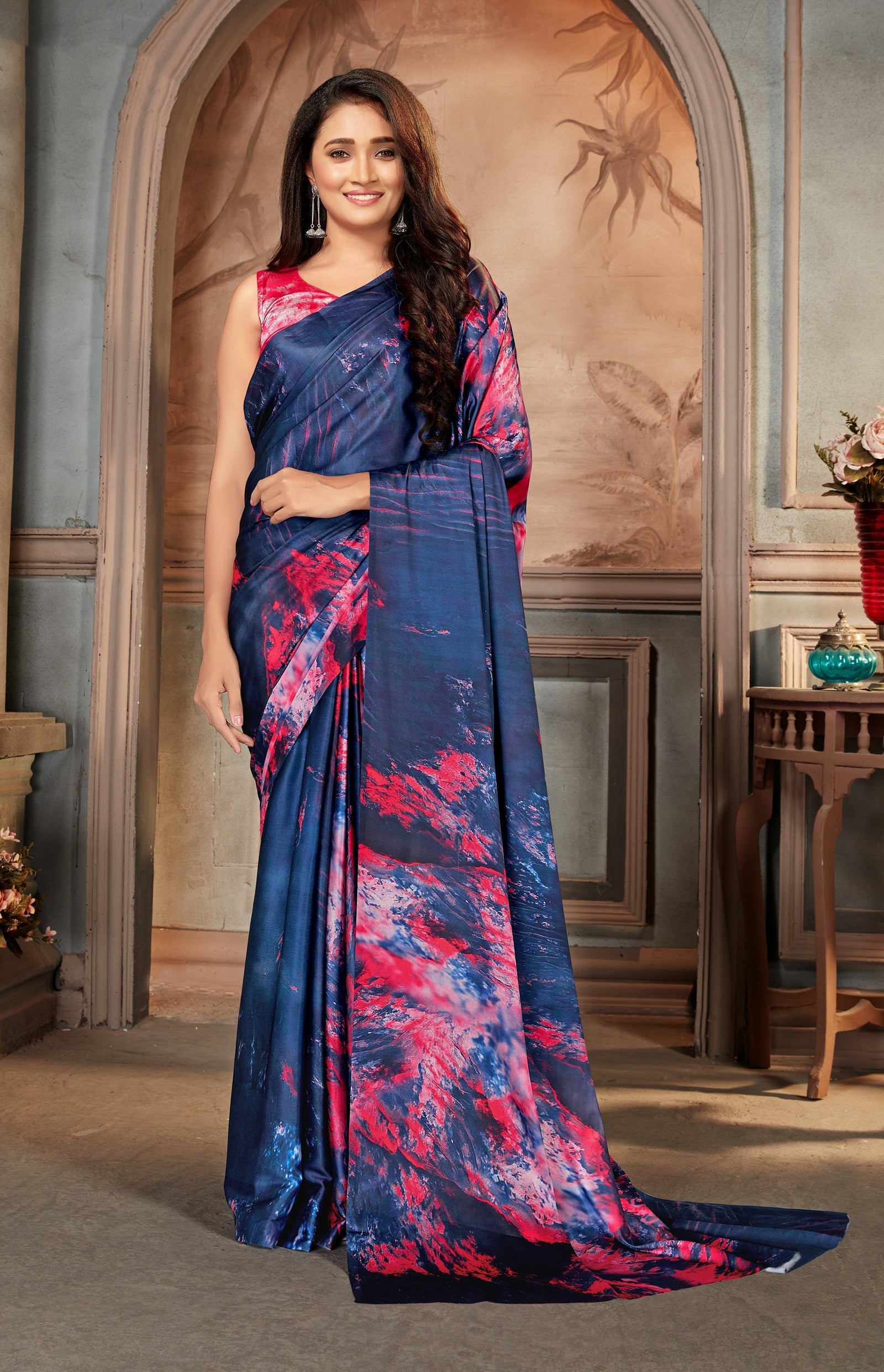 Blue color Satin digital print Saree Clothsvilla