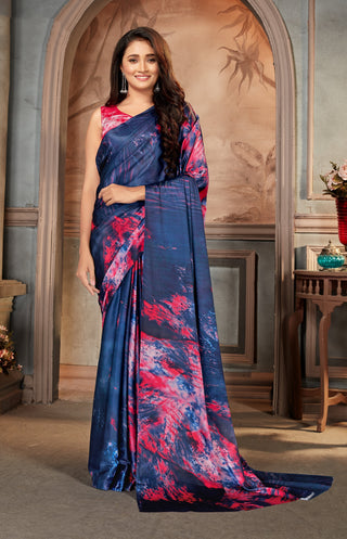 Blue color Satin digital print Saree Clothsvilla