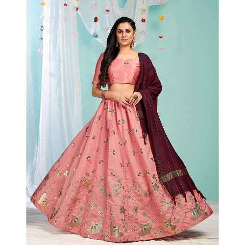 Zari Sequins Embroidered Top And Hot Pink Brocade Lehenga With Dupatta |  Little Muffet