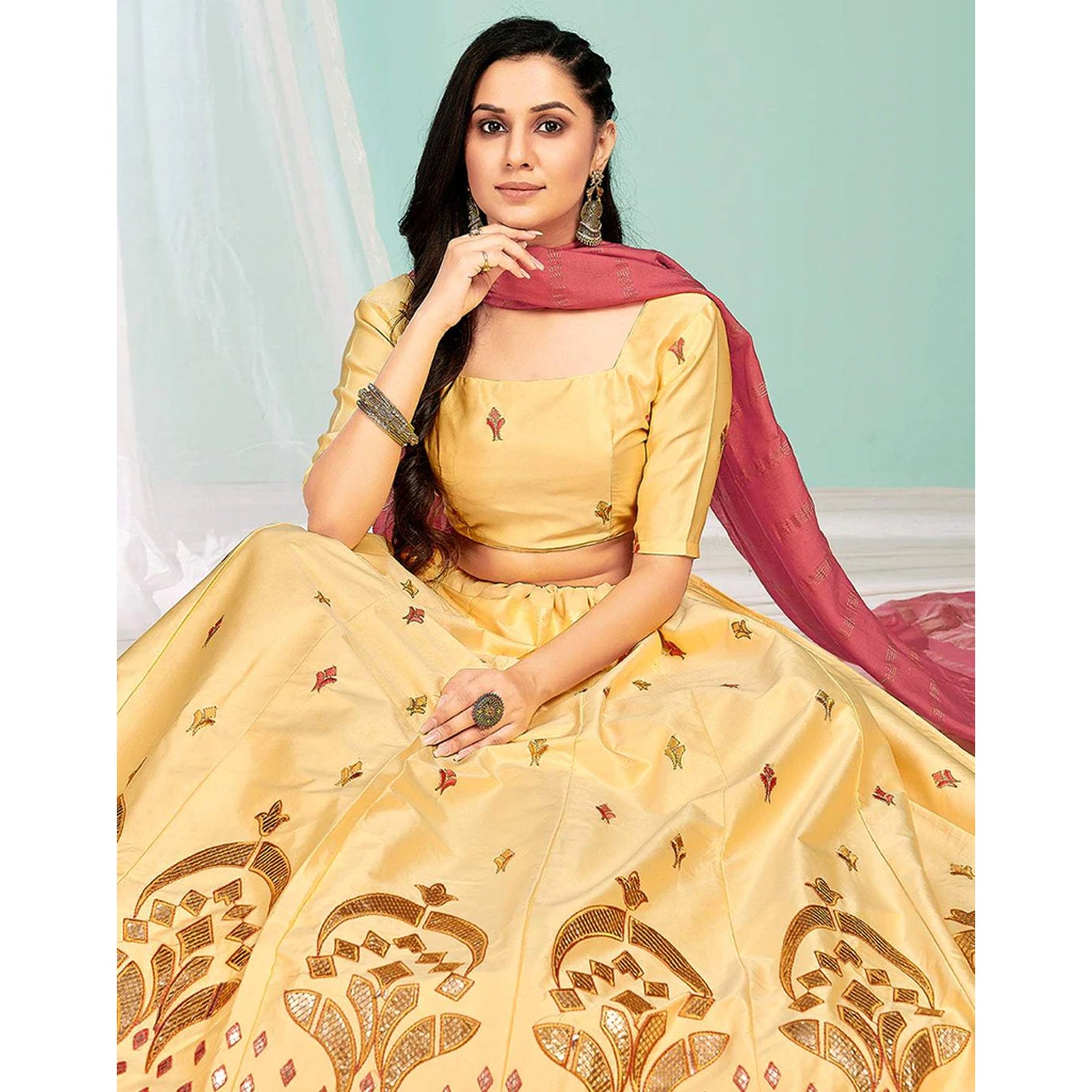 Golden Sand Gota Patti and Zari Stich Without can can work Lehenga choli ClothsVilla