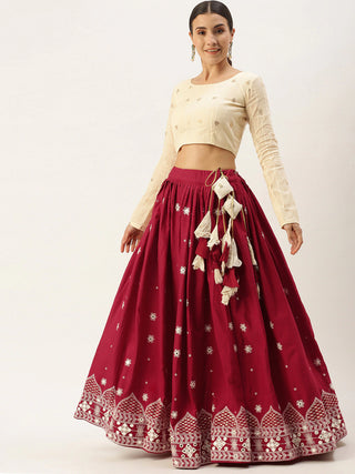 Maroon and beige woven design lehenga choli ClothsVilla