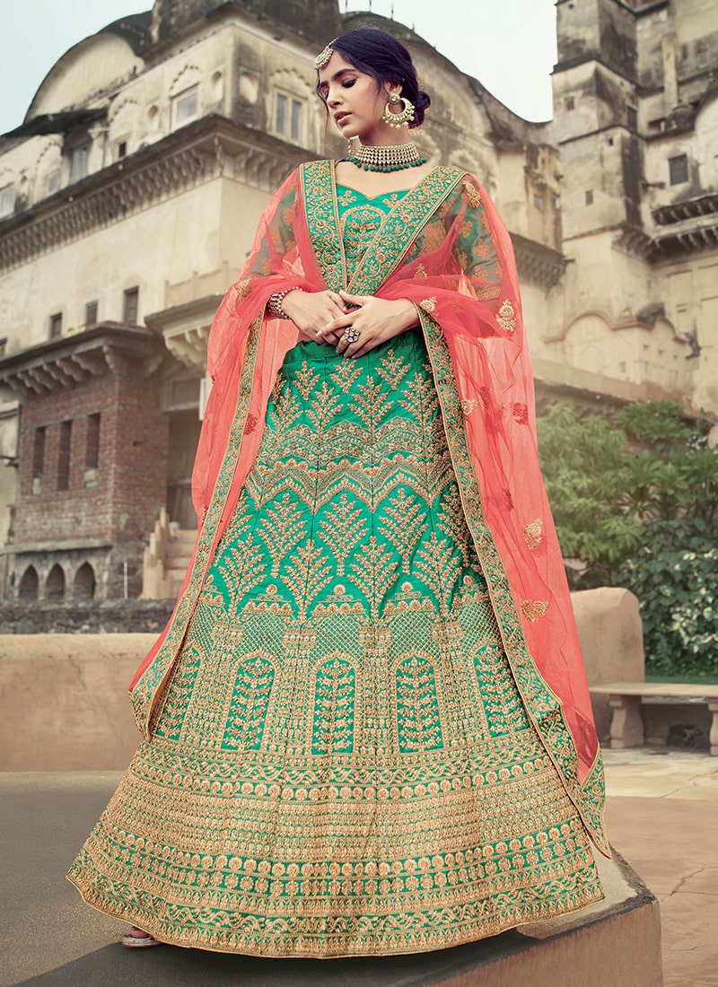 Green Color Satin Material Stone And Dori Work Lehenga Clothsvilla