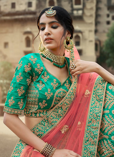 Green Color Satin Material Stone And Dori Work Lehenga Clothsvilla