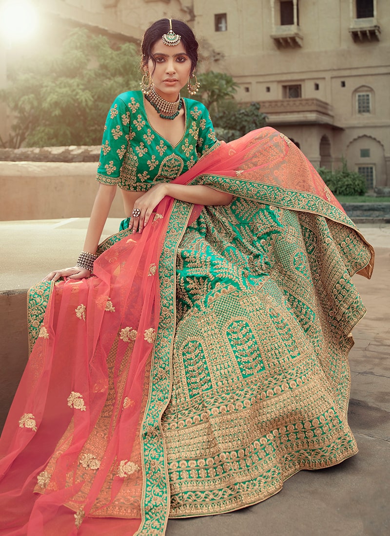 Green Color Satin Material Stone And Dori Work Lehenga Clothsvilla