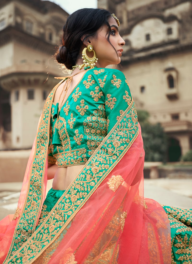 Green Color Satin Material Stone And Dori Work Lehenga Clothsvilla