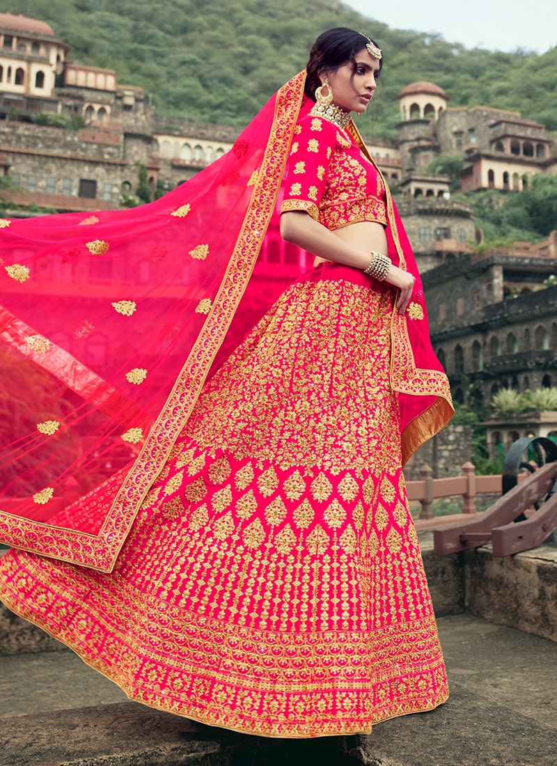 Pink Color Satin Material Stone And Dori Work Lehenga Clothsvilla