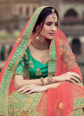 Green Color Stone And Dori Work Satin Material Lehenga Choli Clothsvilla