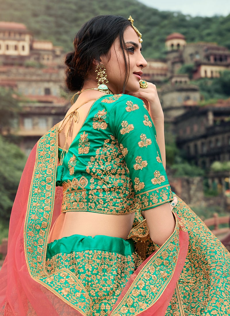 Green Color Stone And Dori Work Satin Material Lehenga Choli Clothsvilla