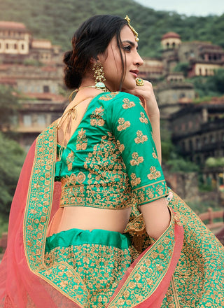 Green Color Stone And Dori Work Satin Material Lehenga Choli Clothsvilla