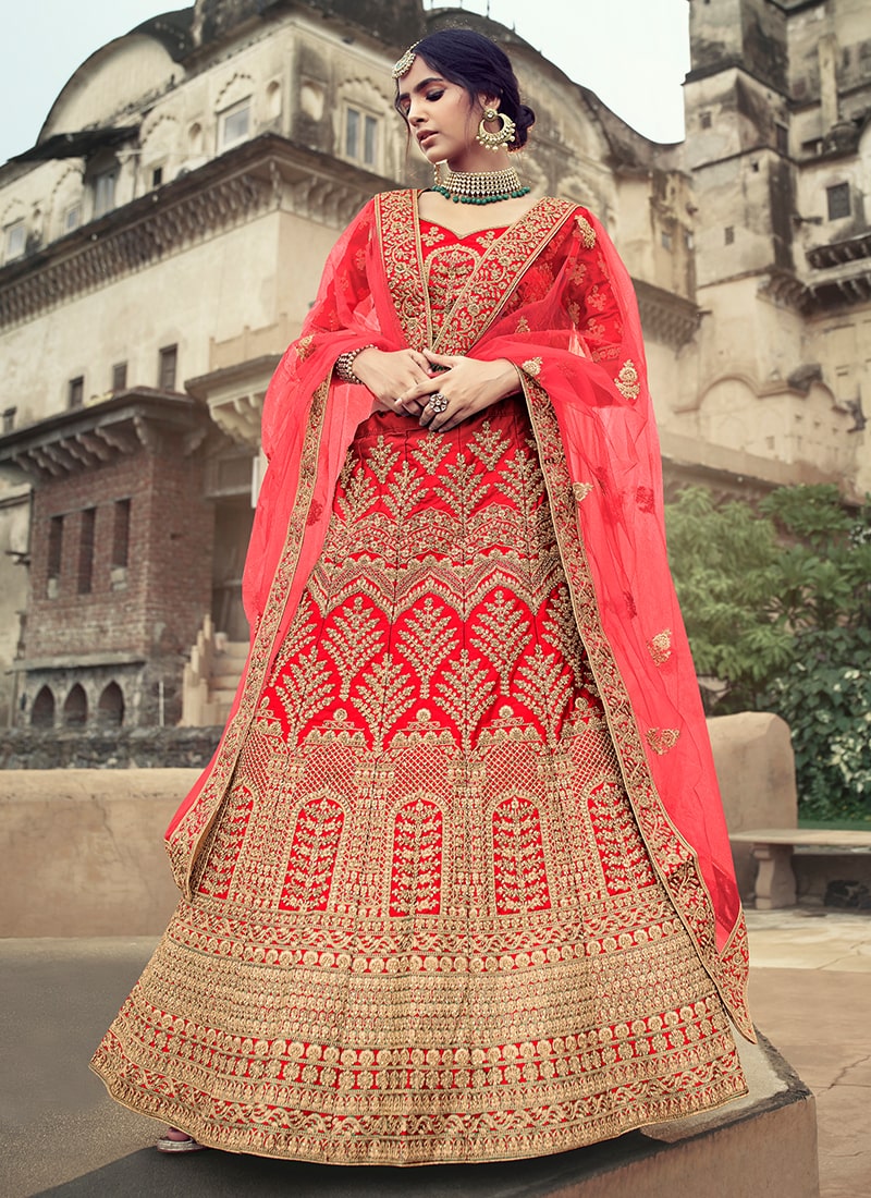 Red Color Satin Material Stone And Dori Work Bridal Lehenga Clothsvilla