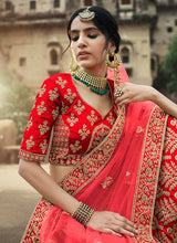 Load image into Gallery viewer, Red Color Satin Material Stone And Dori Work Bridal Lehenga Clothsvilla