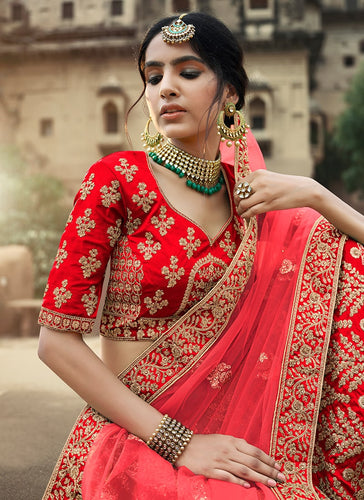 Red Color Satin Material Stone And Dori Work Bridal Lehenga Clothsvilla