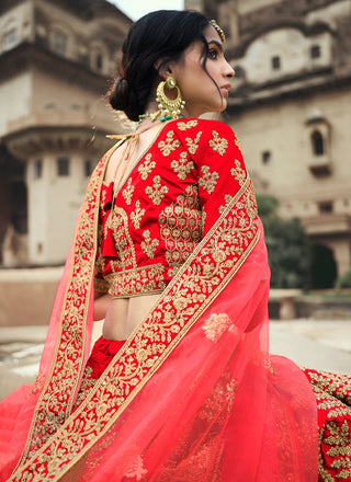 Red Color Satin Material Stone And Dori Work Bridal Lehenga Clothsvilla