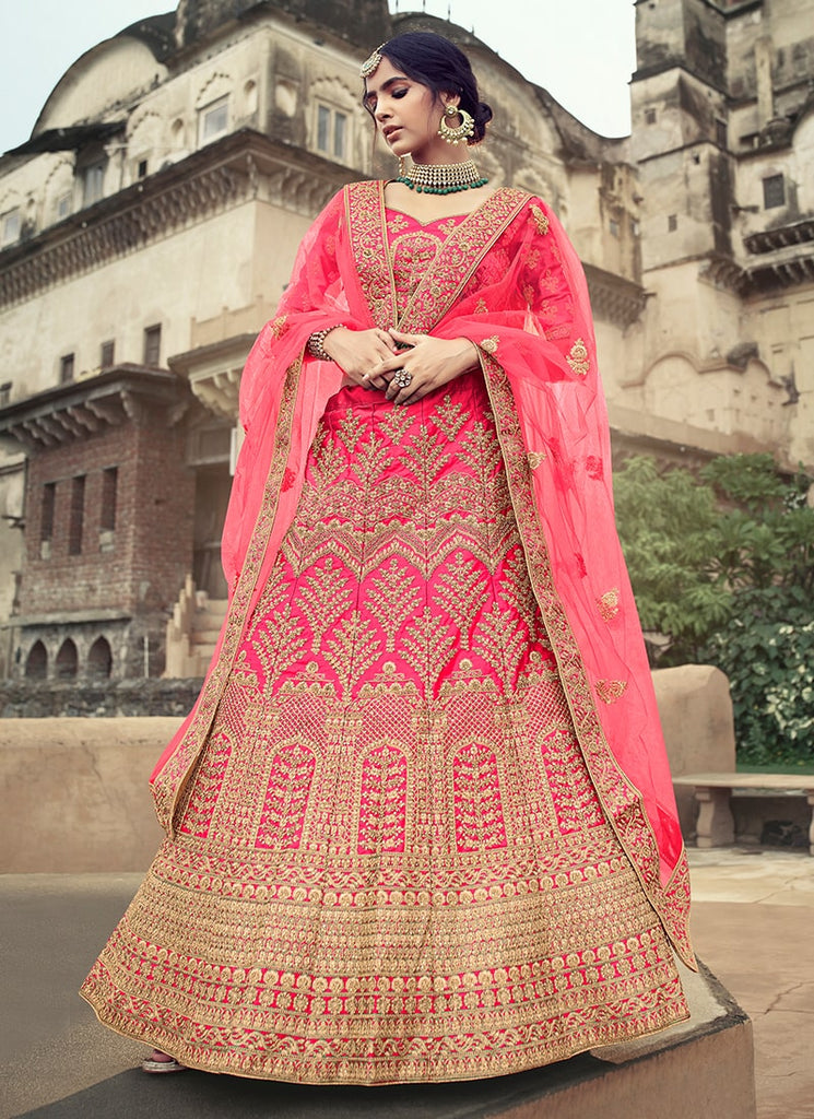 Wedding Wear Pink Color Satin Material Dori Work Lehenga Clothsvilla