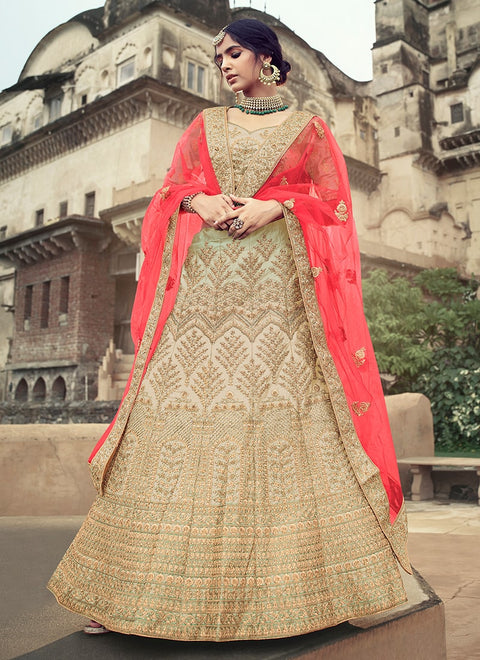 Beige Color Satin Material Stone And Dori Work Lehenga Clothsvilla Main image