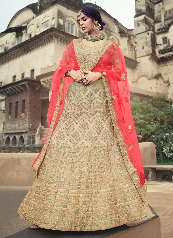 Beige Color Satin Material Stone And Dori Work Lehenga Clothsvilla