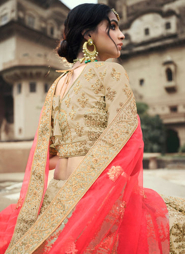 Beige Color Satin Material Stone And Dori Work Lehenga Clothsvilla