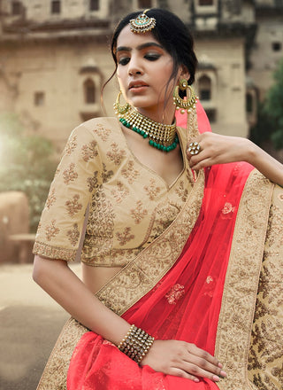Beige Color Satin Material Stone And Dori Work Lehenga Clothsvilla