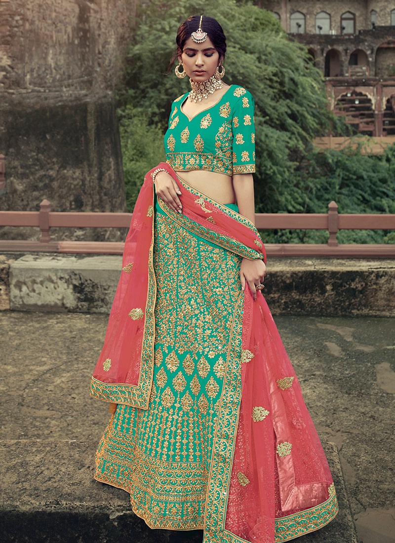 Sea Green Color Satin Material Dori And Stone Work Lehenga Clothsvilla Main image