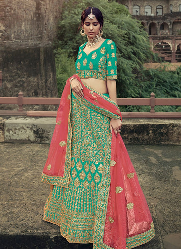Sea Green Color Satin Material Dori And Stone Work Lehenga Clothsvilla