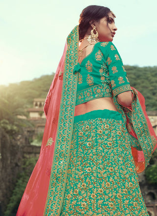Sea Green Color Satin Material Dori And Stone Work Lehenga Clothsvilla