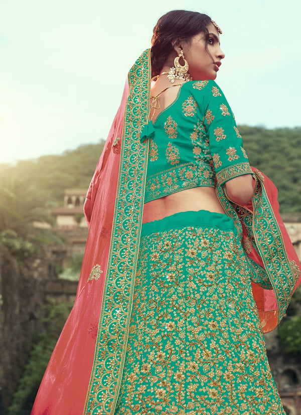 Sea Green Color Satin Material Dori And Stone Work Lehenga Clothsvilla