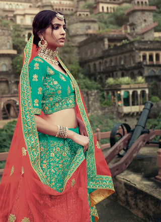 Sea Green Color Satin Material Dori And Stone Work Lehenga Clothsvilla