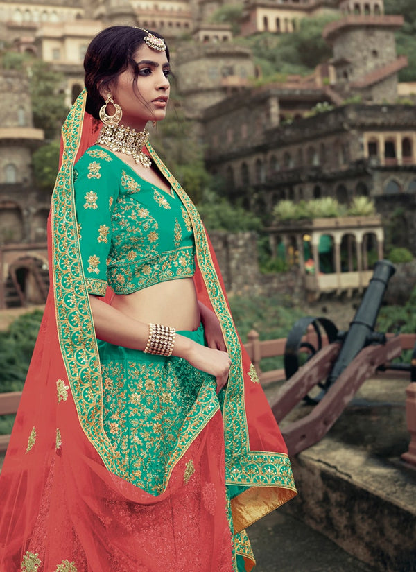 Sea Green Color Satin Material Dori And Stone Work Lehenga Clothsvilla