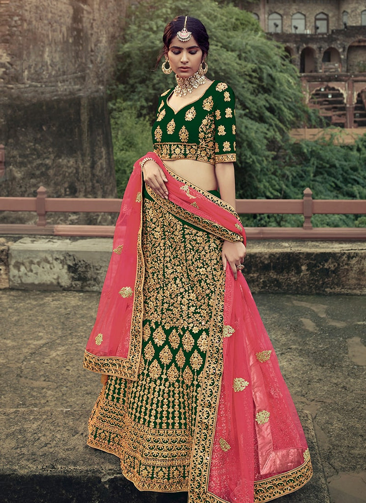 Dark Green Color Satin Material Zari And Stone Work Lehenga Clothsvilla