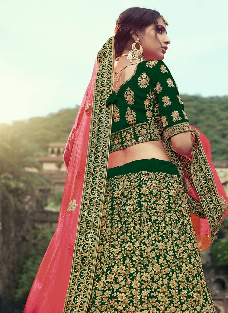 Dark Green Color Satin Material Zari And Stone Work Lehenga Clothsvilla