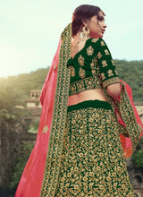 Load image into Gallery viewer, Dark Green Color Satin Material Zari And Stone Work Lehenga Clothsvilla