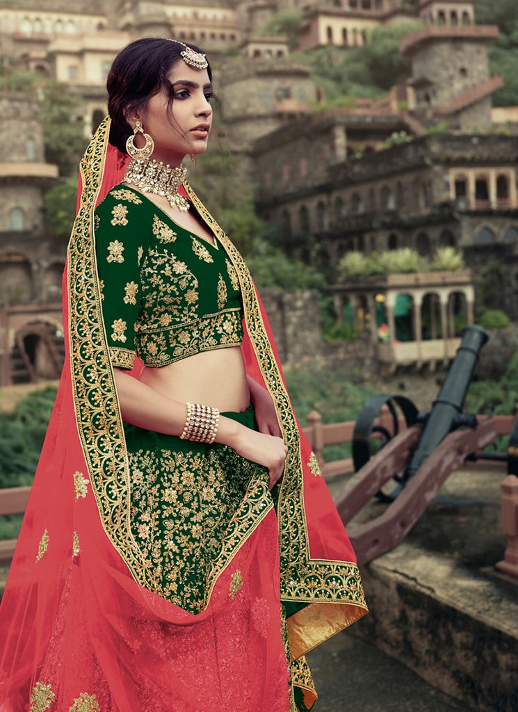 Dark Green Color Satin Material Zari And Stone Work Lehenga Clothsvilla