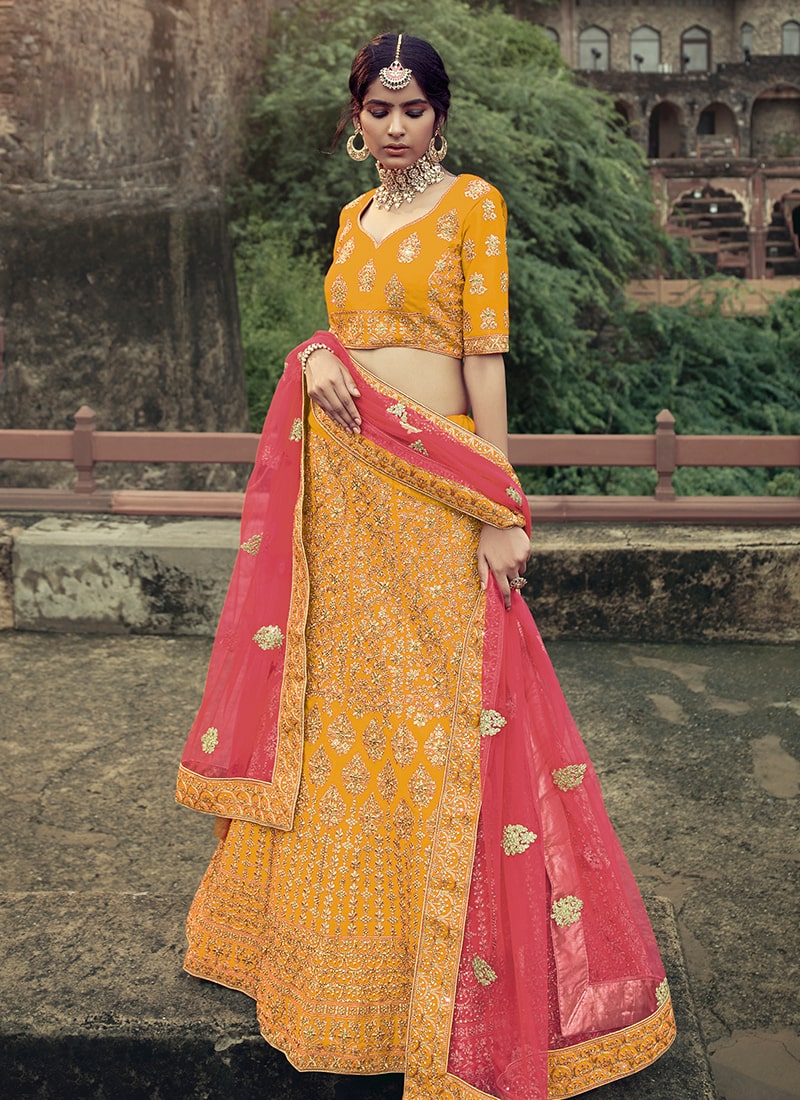 Satin Material Mustard Yellow Color Zari Work Lehenga Choli Clothsvilla Main image