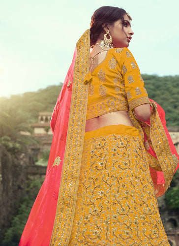 Satin Material Mustard Yellow Color Zari Work Lehenga Choli Clothsvilla