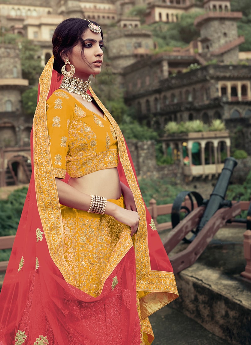 Satin Material Mustard Yellow Color Zari Work Lehenga Choli Clothsvilla