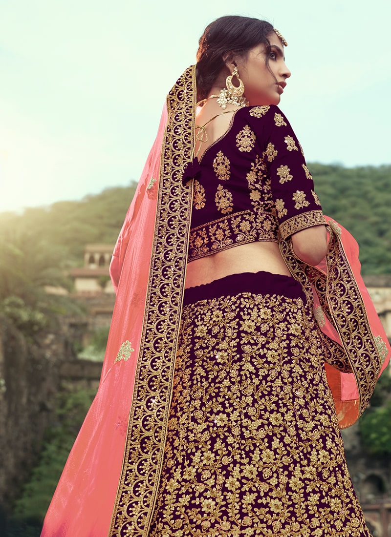 Wine Color Satin Material Stone And Zari Work Lehenga Choli Clothsvilla