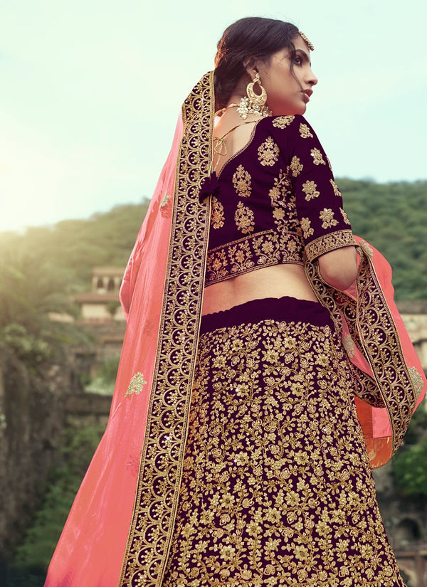 Wine Color Satin Material Stone And Zari Work Lehenga Choli Clothsvilla
