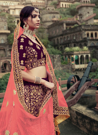 Wine Color Satin Material Stone And Zari Work Lehenga Choli Clothsvilla