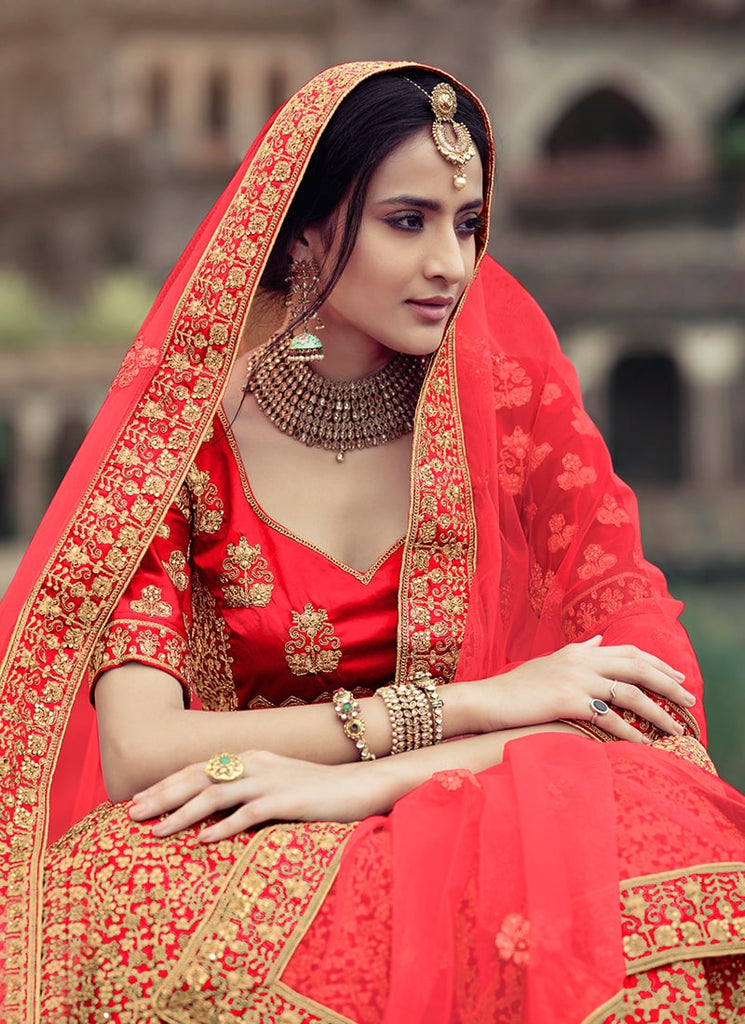 Red Color Zari And Stone Work Satin Material Bridal Lehenga Clothsvilla