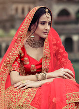 Load image into Gallery viewer, Red Color Zari And Stone Work Satin Material Bridal Lehenga Clothsvilla