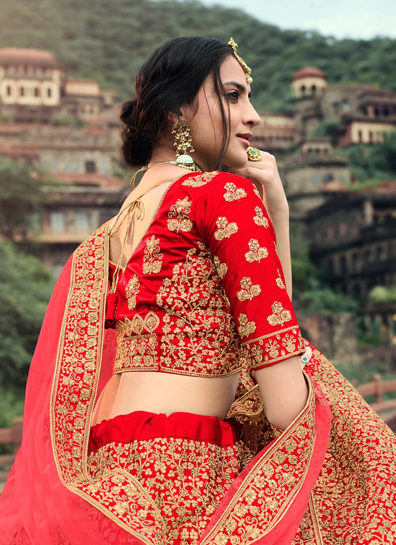 Red Color Zari And Stone Work Satin Material Bridal Lehenga Clothsvilla