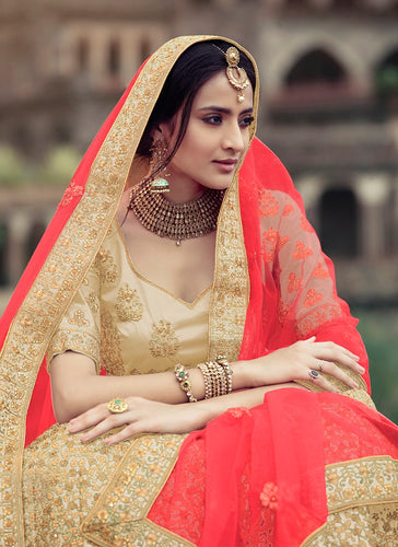 Stone And Zari Work Beige Color Satin Material Lehenga Choli Clothsvilla
