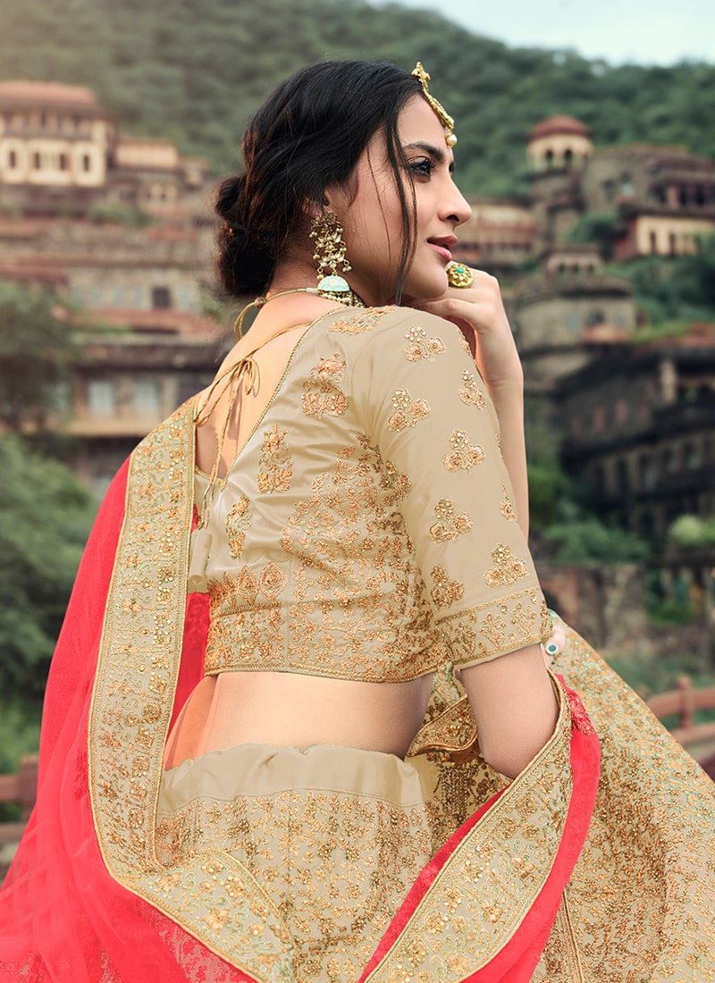 Stone And Zari Work Beige Color Satin Material Lehenga Choli Clothsvilla
