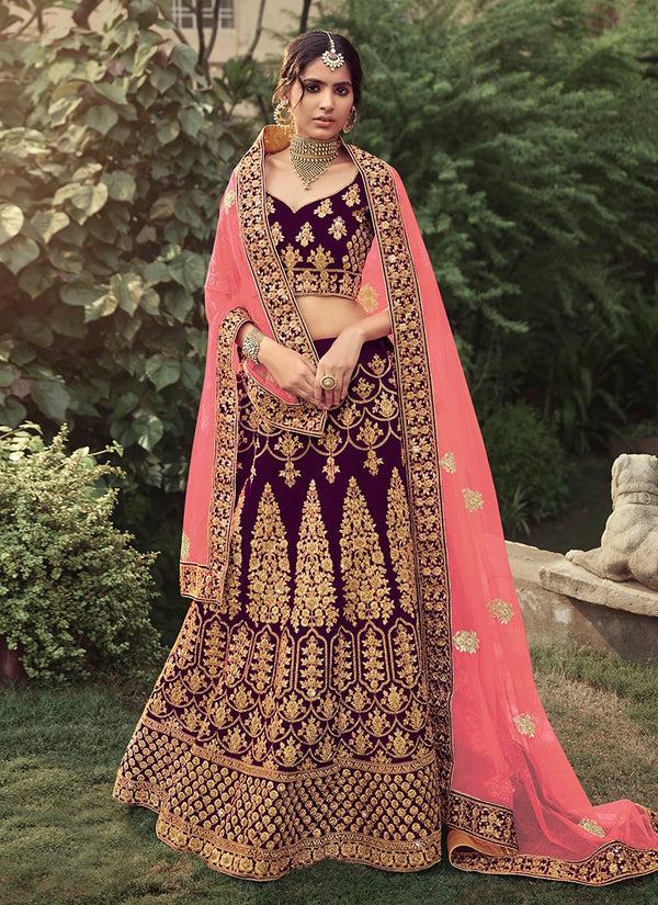 Dori And Stone Work Wine Color Satin Fabric Lehenga Choli Clothsvilla